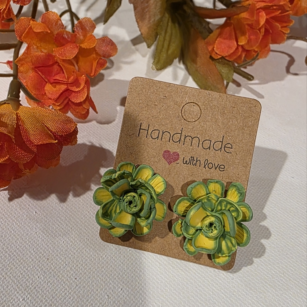 Green and Yellow Handmade Flower Earrings
